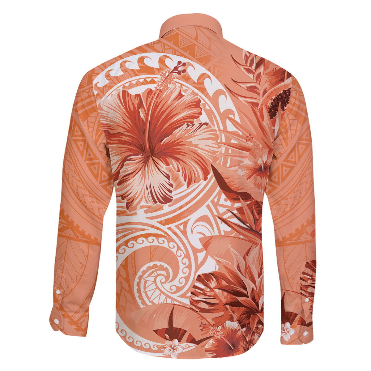 Polynesian Hibiscus Flower Tribal Family Matching Tank Maxi Dress and Hawaiian Shirt Peach Color