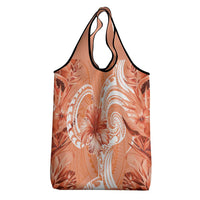 Polynesian Hibiscus Flower Tribal Grocery Bag Peach Color
