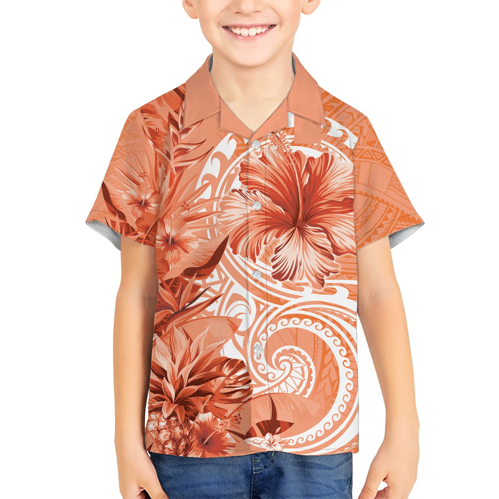 Polynesian Hibiscus Flower Tribal Kid Hawaiian Shirt Peach Color LT9 Kid Peach - Polynesian Pride