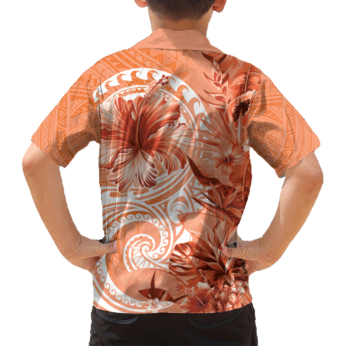 Polynesian Hibiscus Flower Tribal Kid Hawaiian Shirt Peach Color LT9 - Polynesian Pride