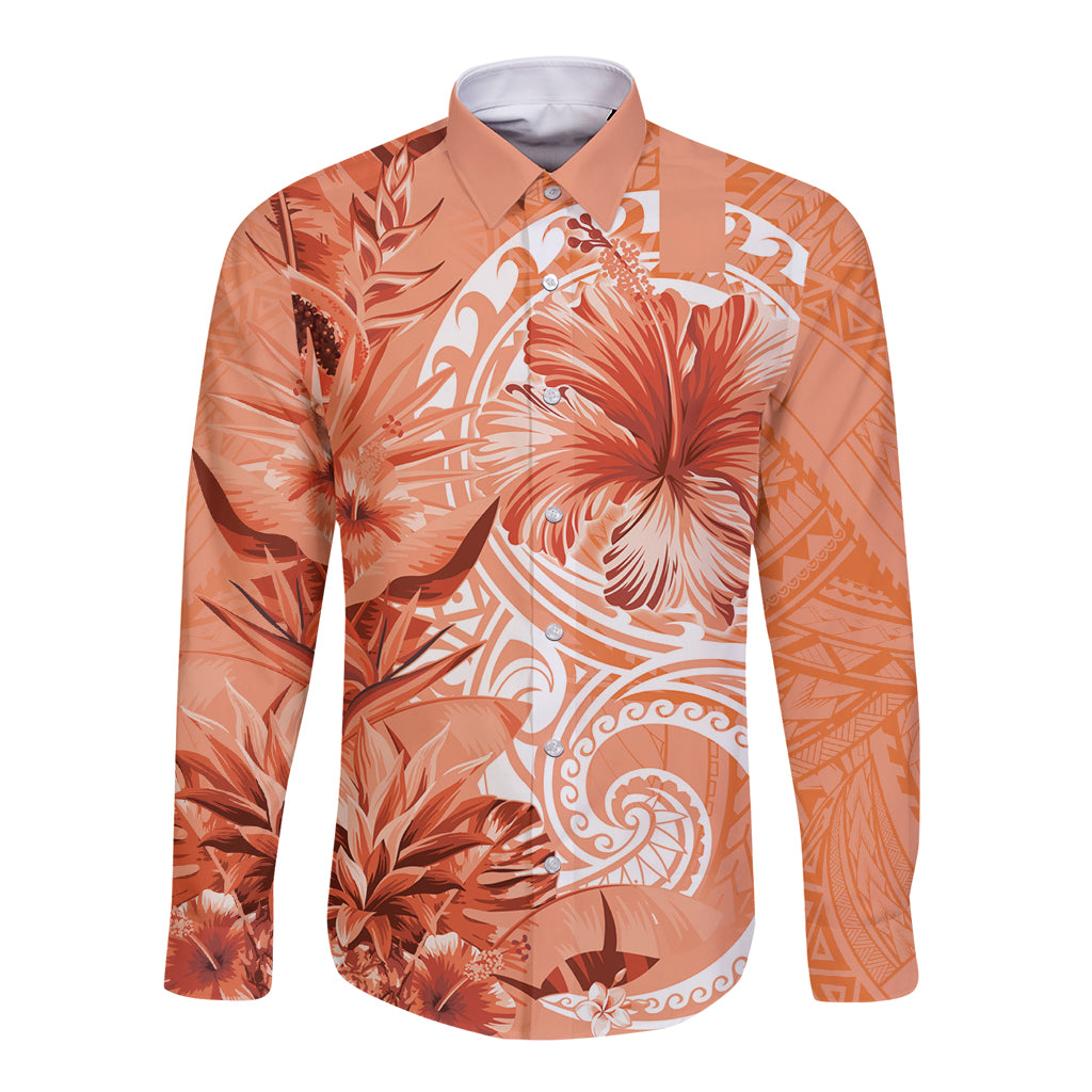 Polynesian Hibiscus Flower Tribal Long Sleeve Button Shirt Peach Color LT9 Unisex Peach - Polynesian Pride