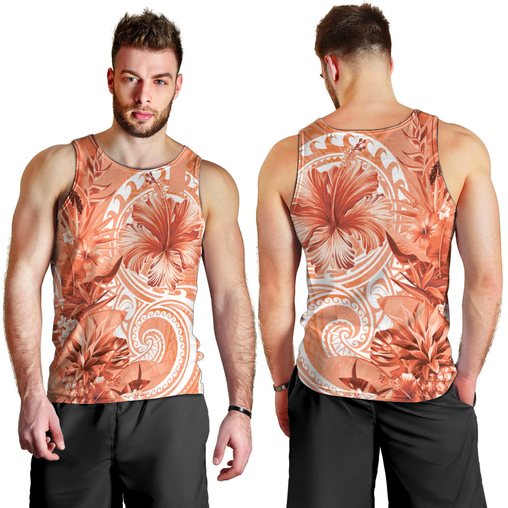 Polynesian Hibiscus Flower Tribal Men Tank Top Peach Color