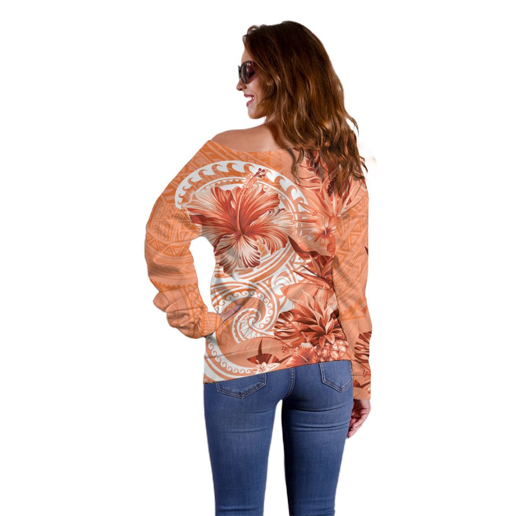 Polynesian Hibiscus Flower Tribal Off Shoulder Sweater Peach Color LT9 - Polynesian Pride