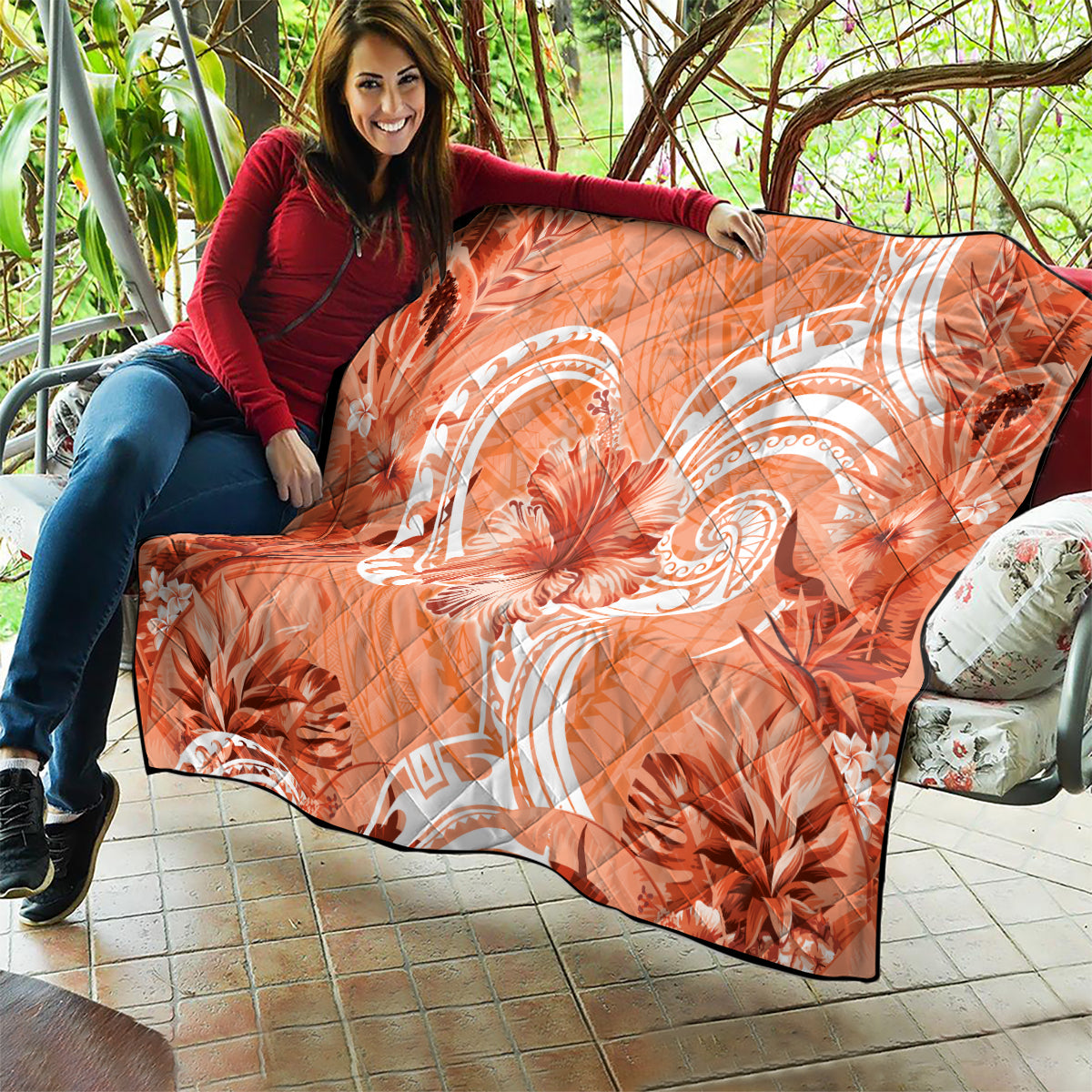 Polynesian Hibiscus Flower Tribal Quilt Peach Color LT9 - Polynesian Pride