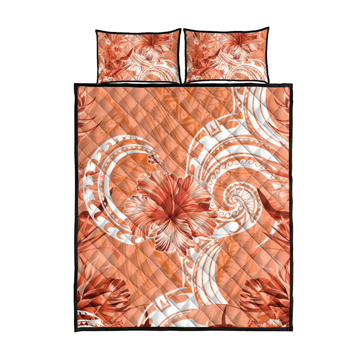 Polynesian Hibiscus Flower Tribal Quilt Bed Set Peach Color