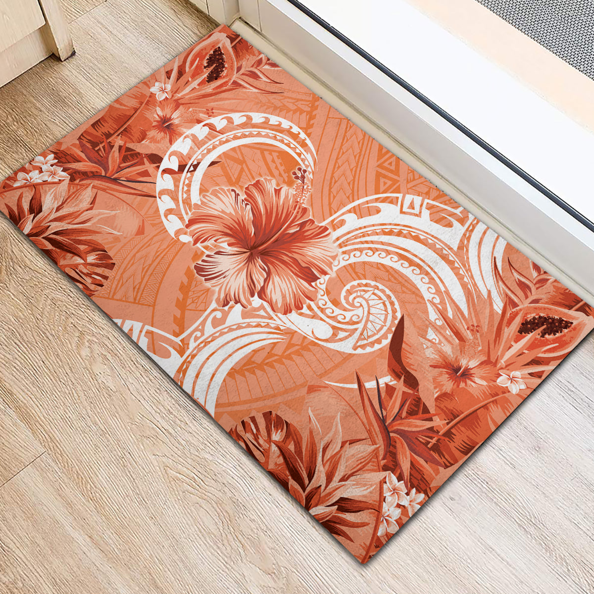 Polynesian Hibiscus Flower Tribal Rubber Doormat Peach Color