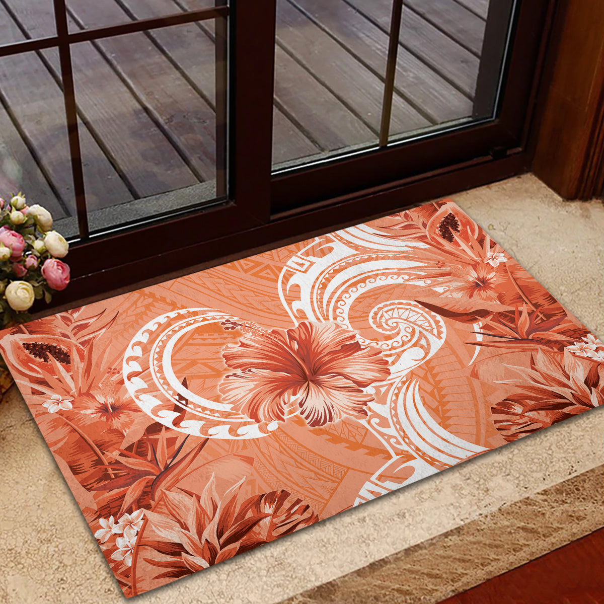 Polynesian Hibiscus Flower Tribal Rubber Doormat Peach Color