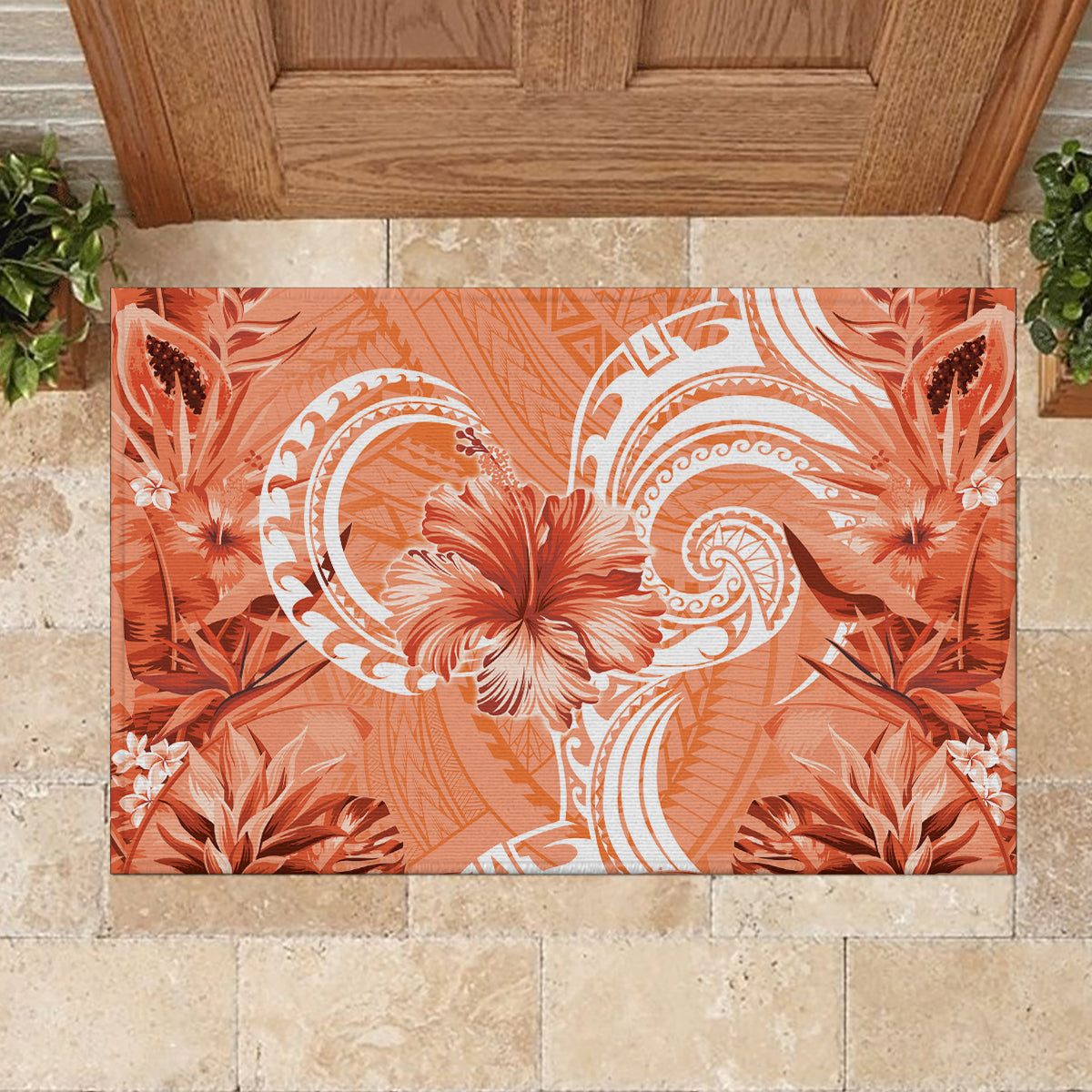 Polynesian Hibiscus Flower Tribal Rubber Doormat Peach Color