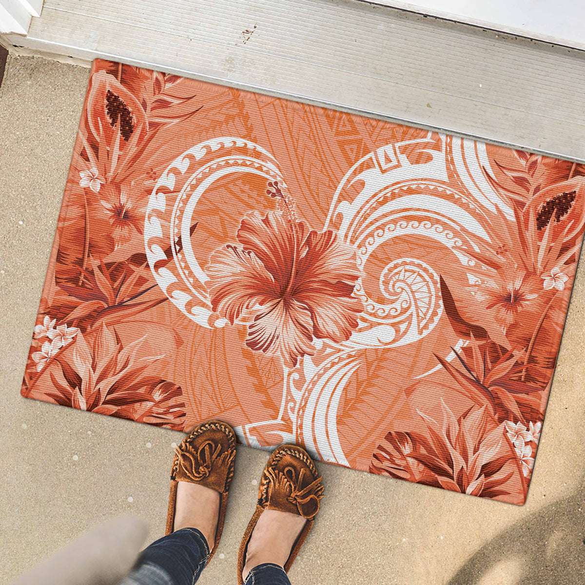 Polynesian Hibiscus Flower Tribal Rubber Doormat Peach Color