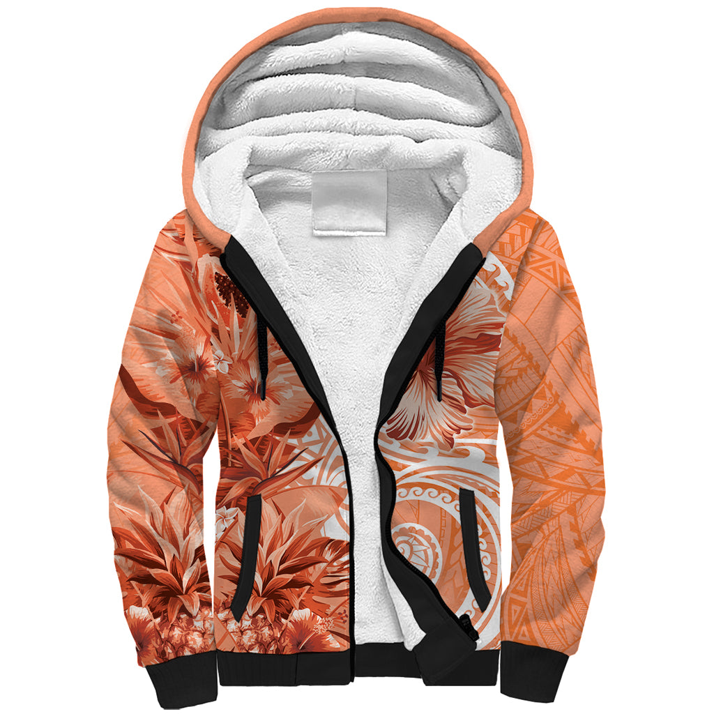 Polynesian Hibiscus Flower Tribal Sherpa Hoodie Peach Color