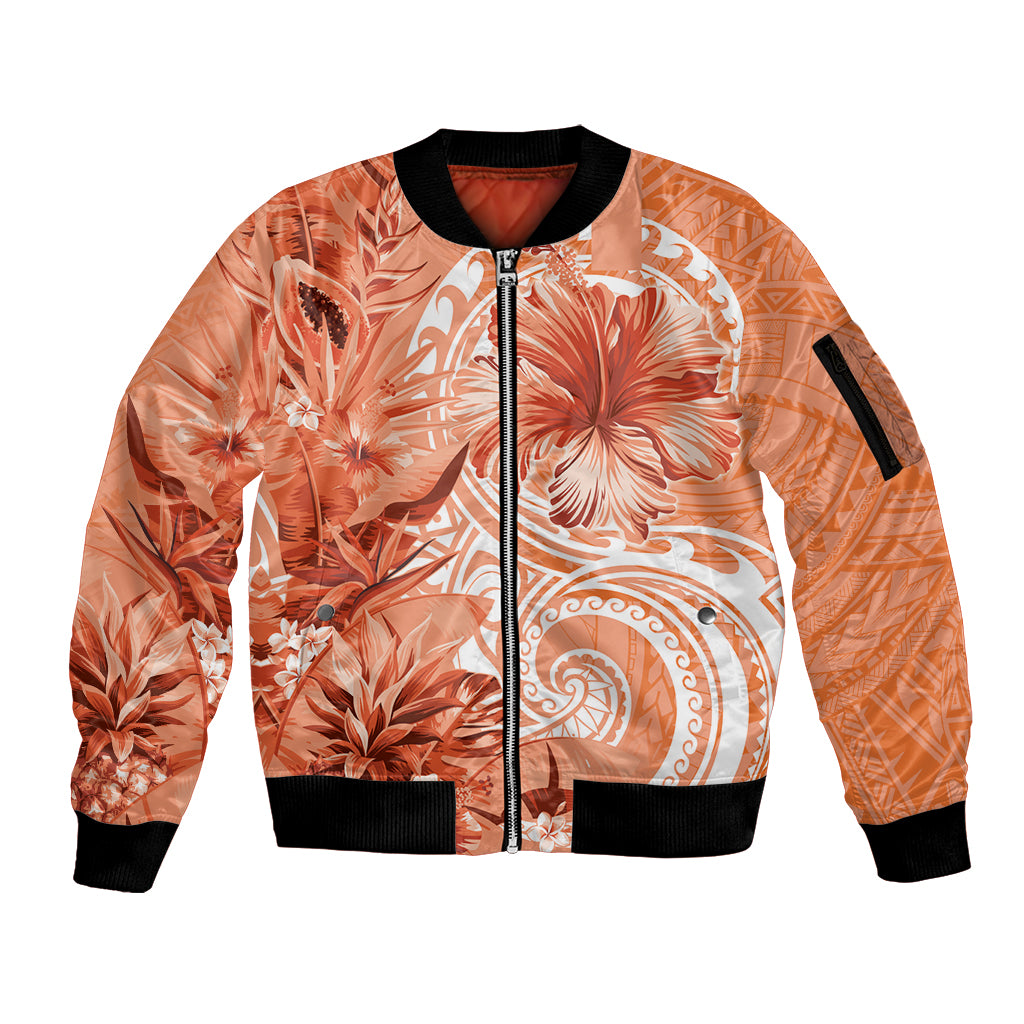 Polynesian Hibiscus Flower Tribal Sleeve Zip Bomber Jacket Peach Color