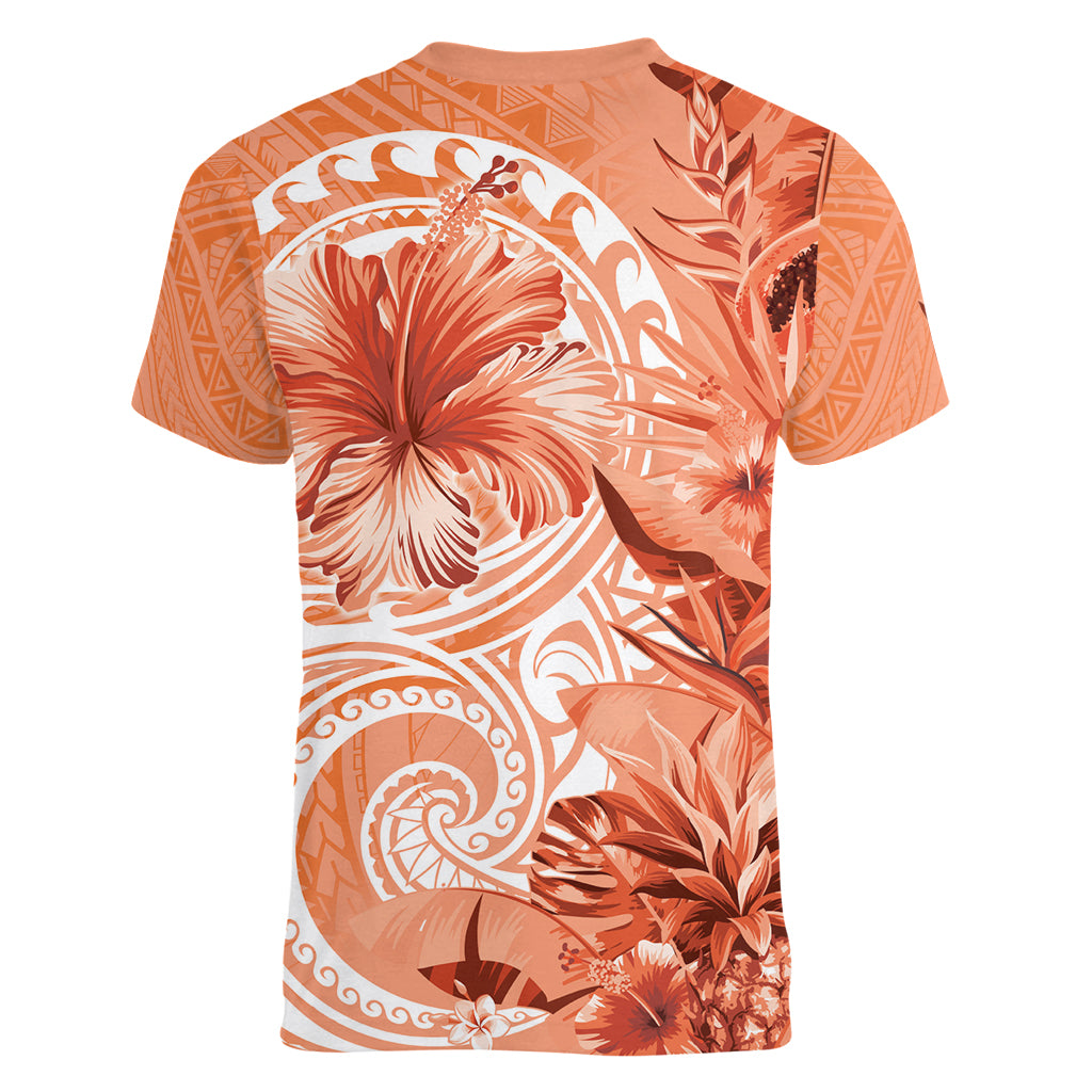Polynesian Hibiscus Flower Tribal Women V Neck T Shirt Peach Color