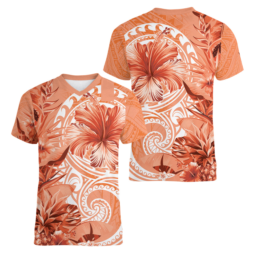 Polynesian Hibiscus Flower Tribal Women V Neck T Shirt Peach Color