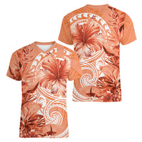 Polynesian Hibiscus Flower Tribal Women V Neck T Shirt Peach Color