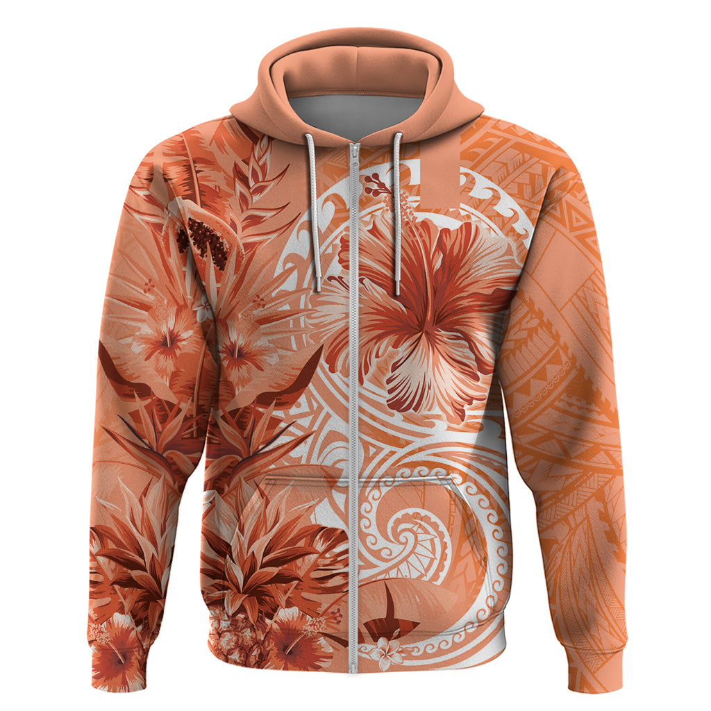 Polynesian Hibiscus Flower Tribal Zip Hoodie Peach Color