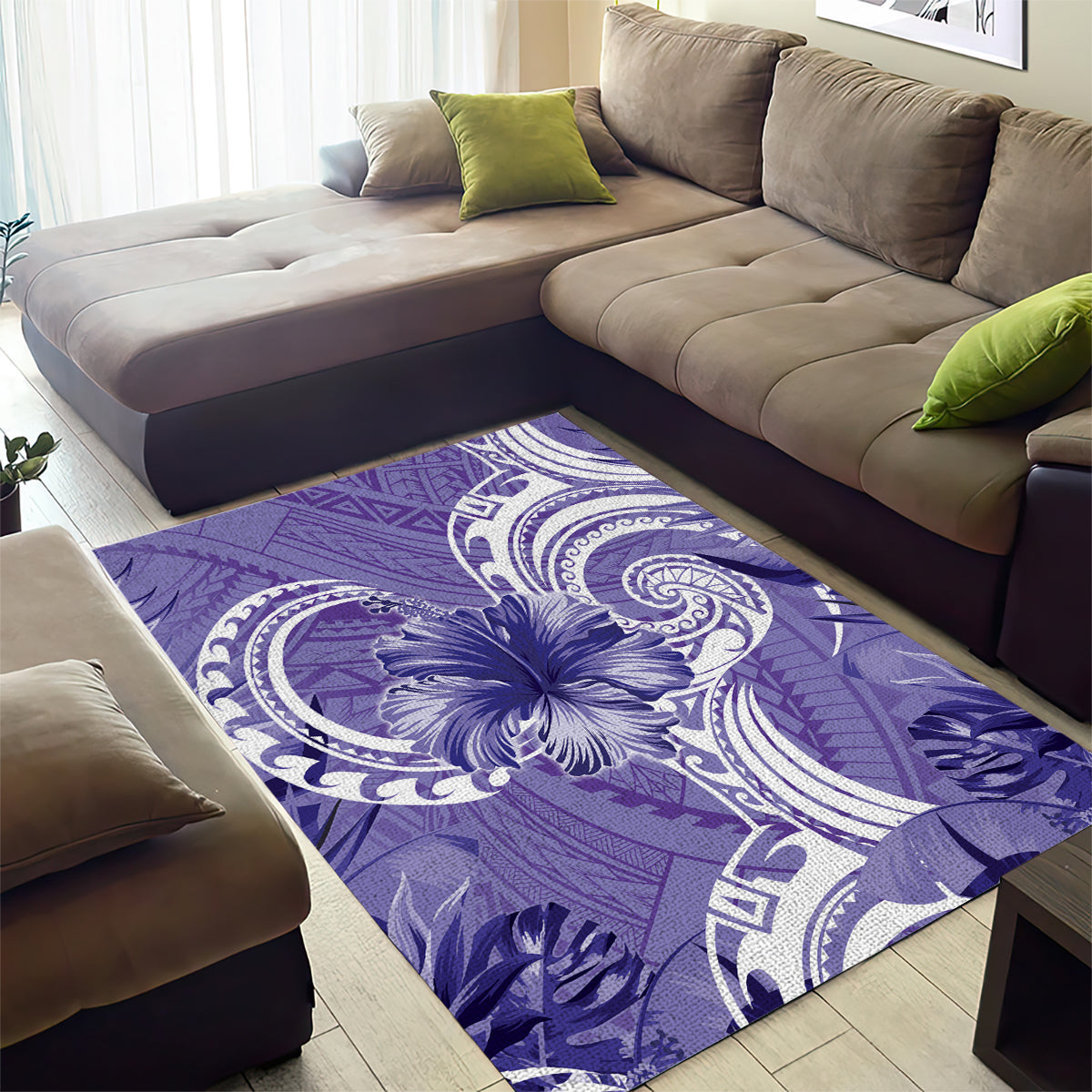 Polynesian Hibiscus Flower Tribal Area Rug Violet Color