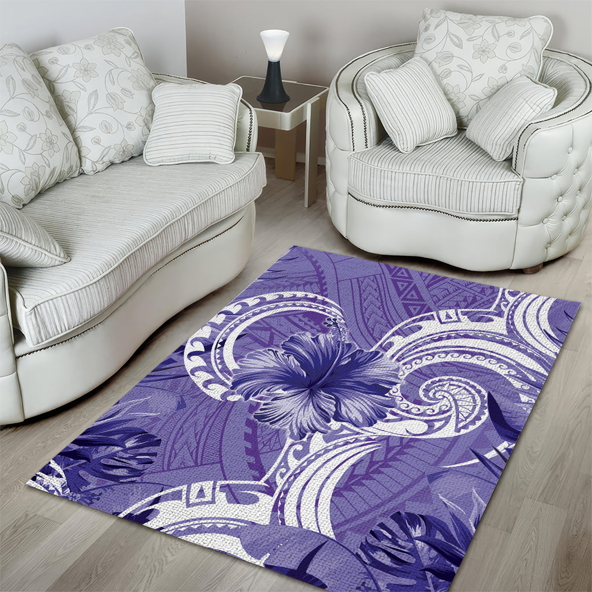 Polynesian Hibiscus Flower Tribal Area Rug Violet Color