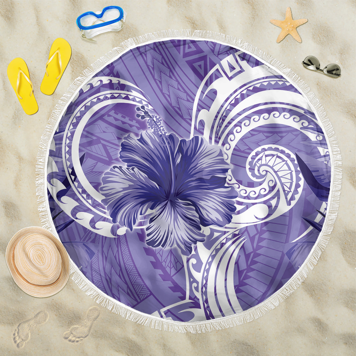 Polynesian Hibiscus Flower Tribal Beach Blanket Violet Color