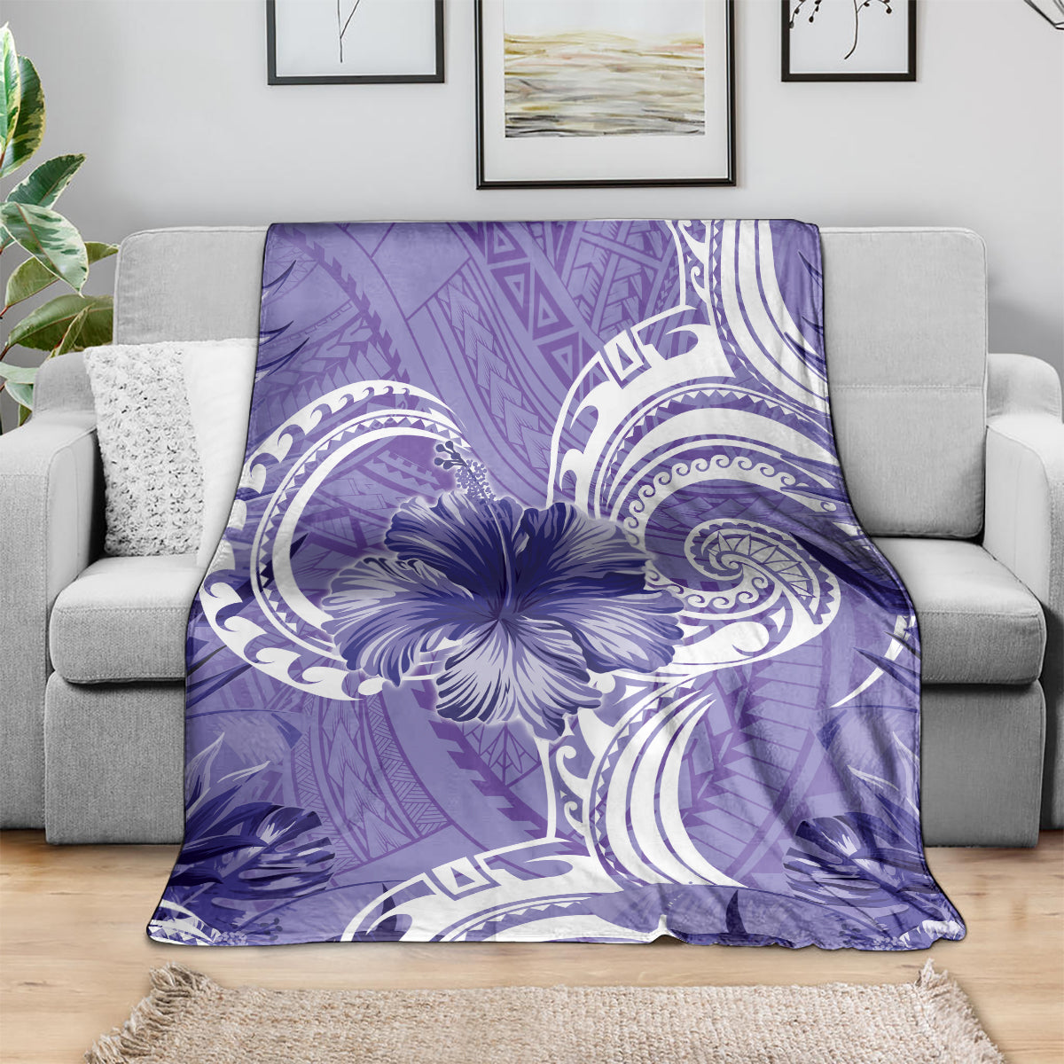 Polynesian Hibiscus Flower Tribal Blanket Violet Color