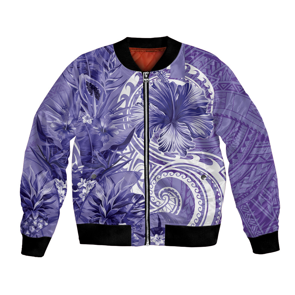 Polynesian Hibiscus Flower Tribal Bomber Jacket Violet Color