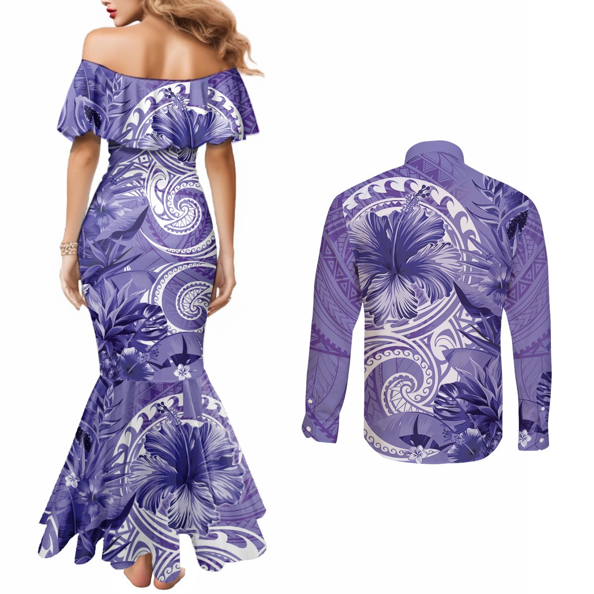 Polynesian Hibiscus Flower Tribal Couples Matching Mermaid Dress and Long Sleeve Button Shirt Violet Color