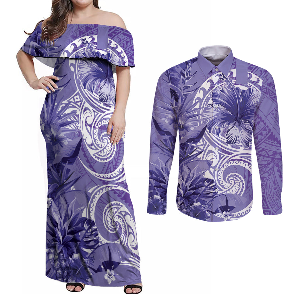 Polynesian Hibiscus Flower Tribal Couples Matching Off Shoulder Maxi Dress and Long Sleeve Button Shirt Violet Color