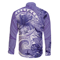 Polynesian Hibiscus Flower Tribal Family Matching Off Shoulder Short Dress and Hawaiian Shirt Violet Color