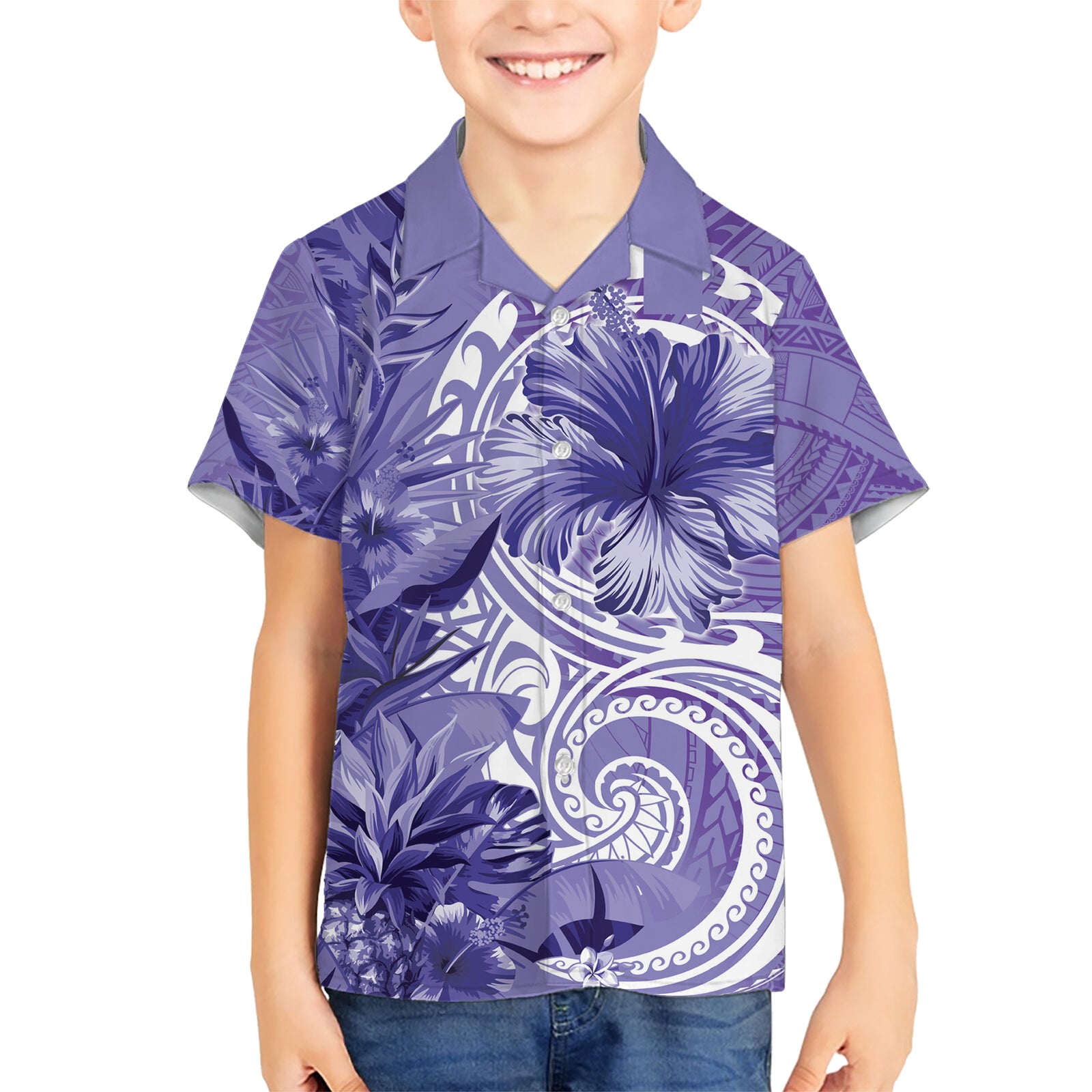 Polynesian Hibiscus Flower Tribal Kid Hawaiian Shirt Violet Color LT9 Kid Violet - Polynesian Pride