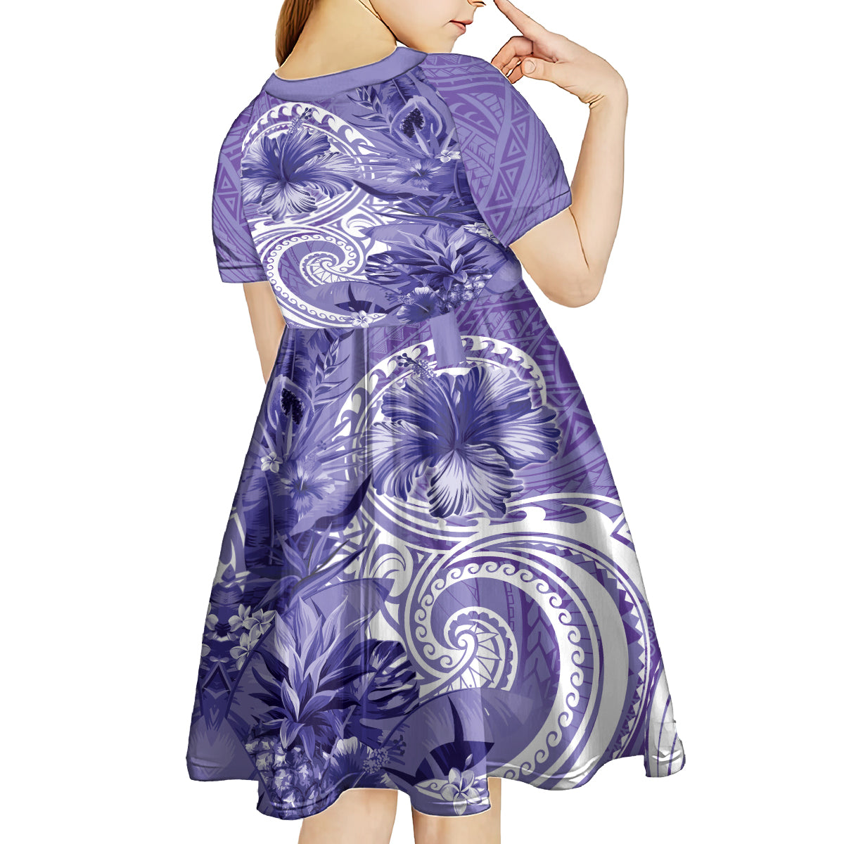 Polynesian Hibiscus Flower Tribal Kid Short Sleeve Dress Violet Color LT9 - Polynesian Pride