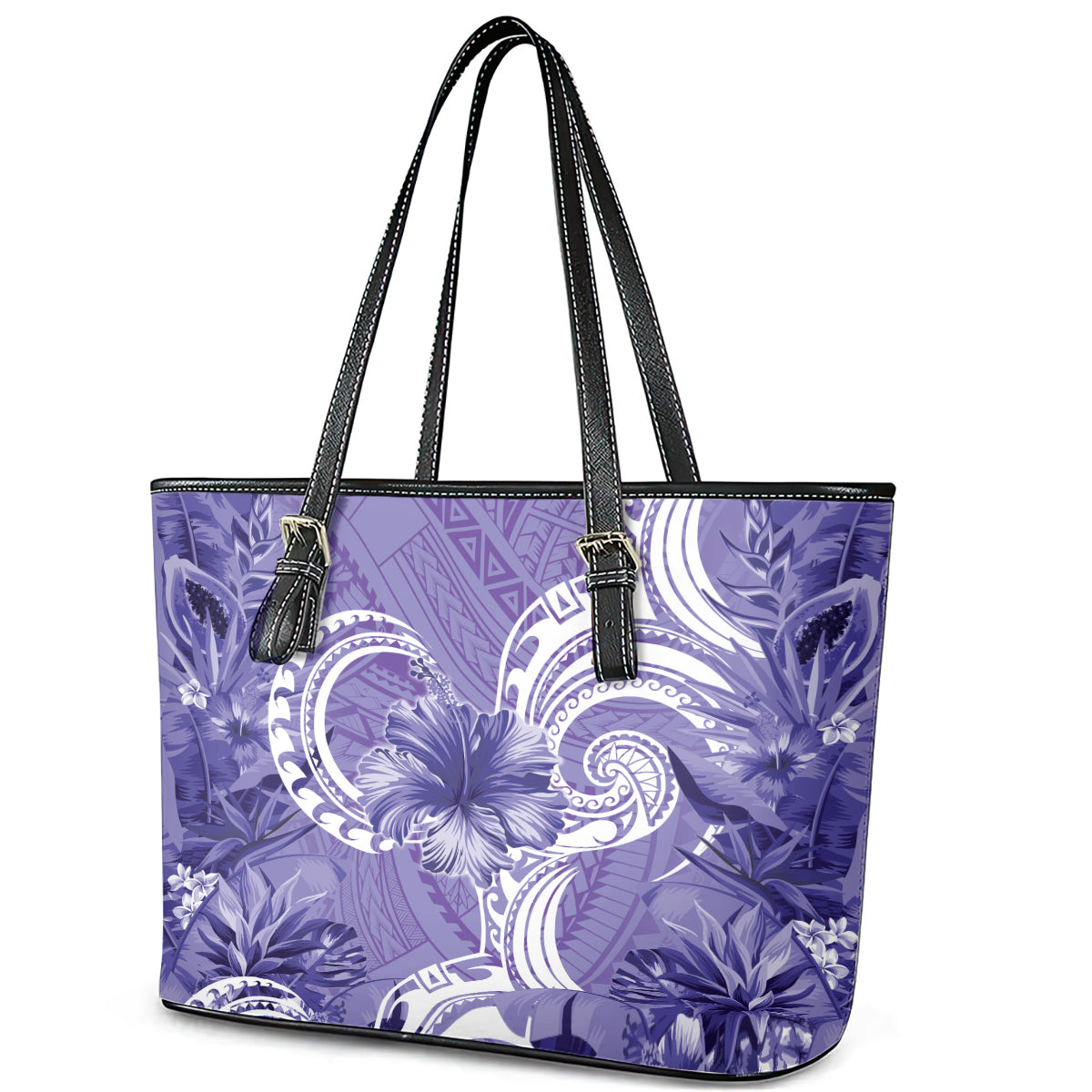 Polynesian Hibiscus Flower Tribal Leather Tote Bag Violet Color