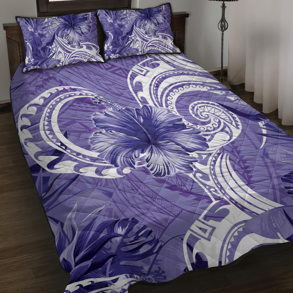 Polynesian Hibiscus Flower Tribal Quilt Bed Set Violet Color