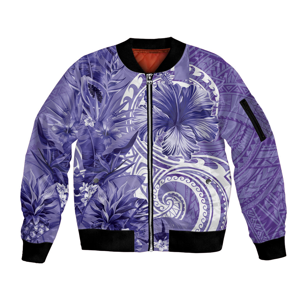 Polynesian Hibiscus Flower Tribal Sleeve Zip Bomber Jacket Violet Color