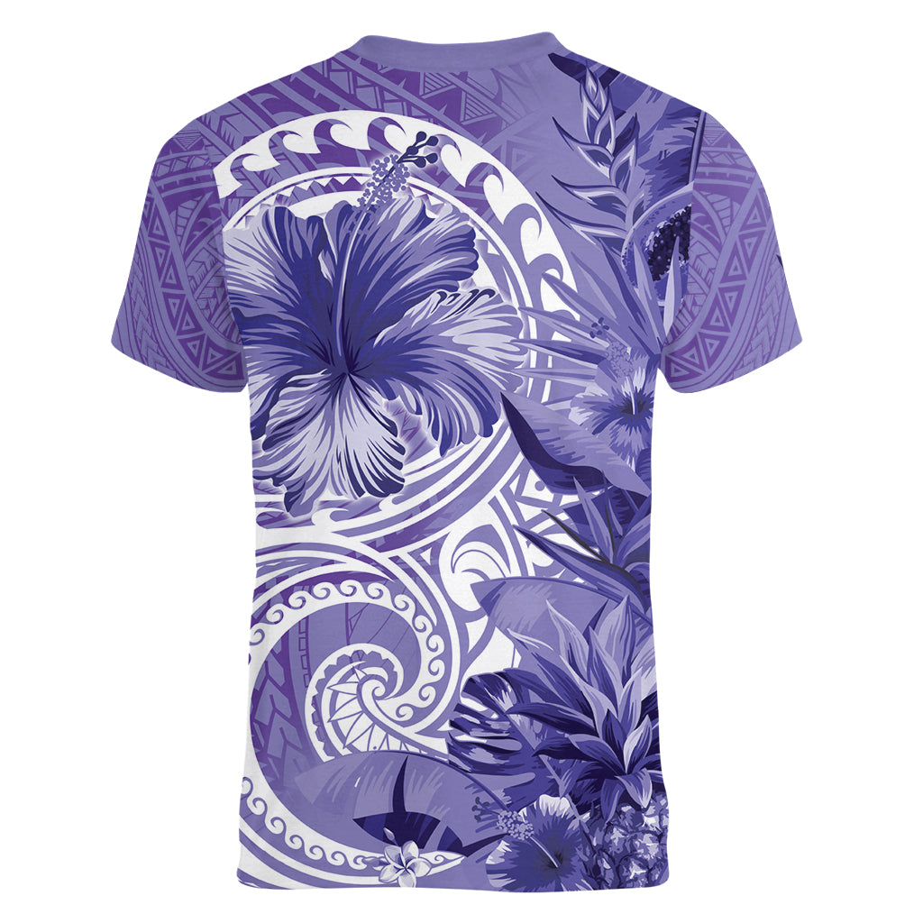 Polynesian Hibiscus Flower Tribal Women V Neck T Shirt Violet Color