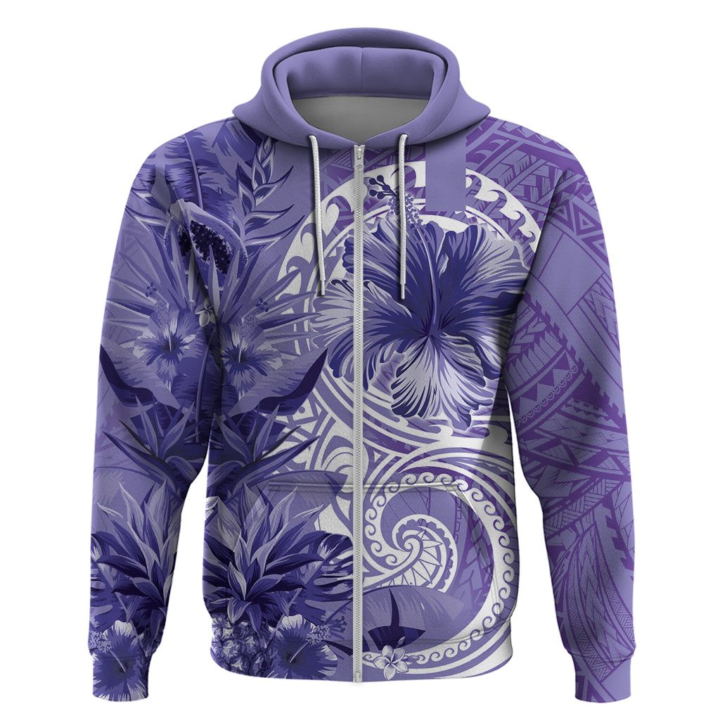 Polynesian Hibiscus Flower Tribal Zip Hoodie Violet Color