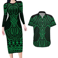 Kakariki Maori Ta Moko Poutama Art Couples Matching Long Sleeve Bodycon Dress and Hawaiian Shirt