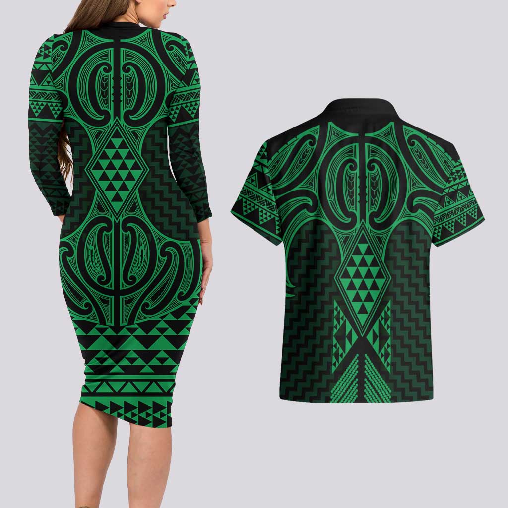 Kakariki Maori Ta Moko Poutama Art Couples Matching Long Sleeve Bodycon Dress and Hawaiian Shirt