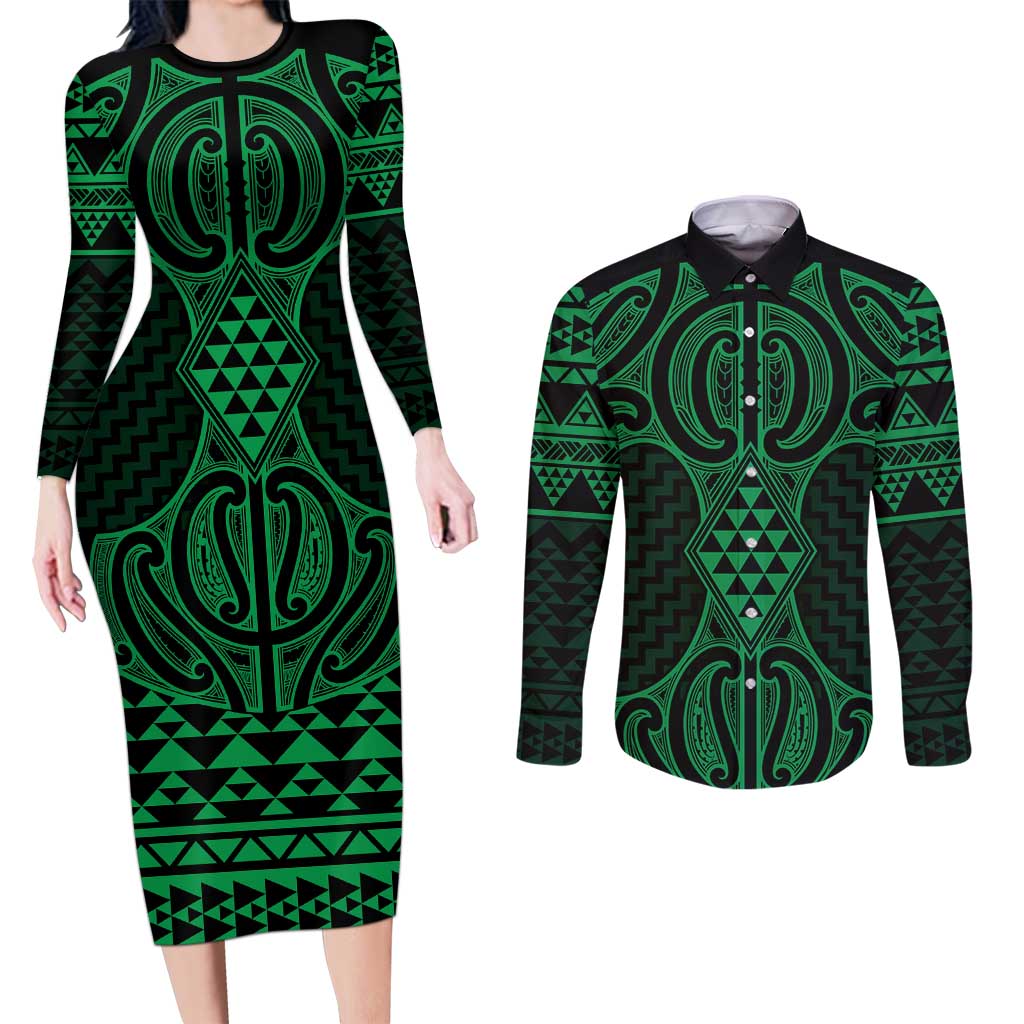Kakariki Maori Ta Moko Poutama Art Couples Matching Long Sleeve Bodycon Dress and Long Sleeve Button Shirt