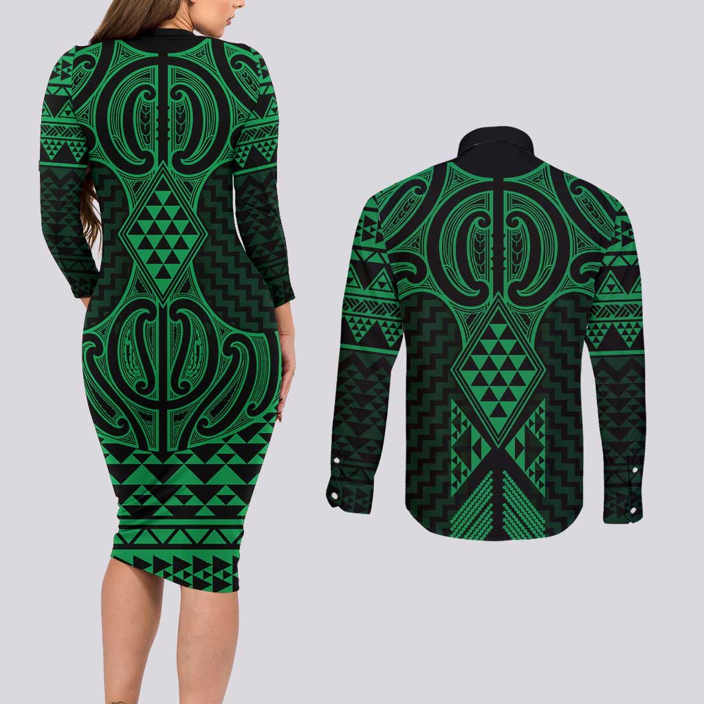 Kakariki Maori Ta Moko Poutama Art Couples Matching Long Sleeve Bodycon Dress and Long Sleeve Button Shirt