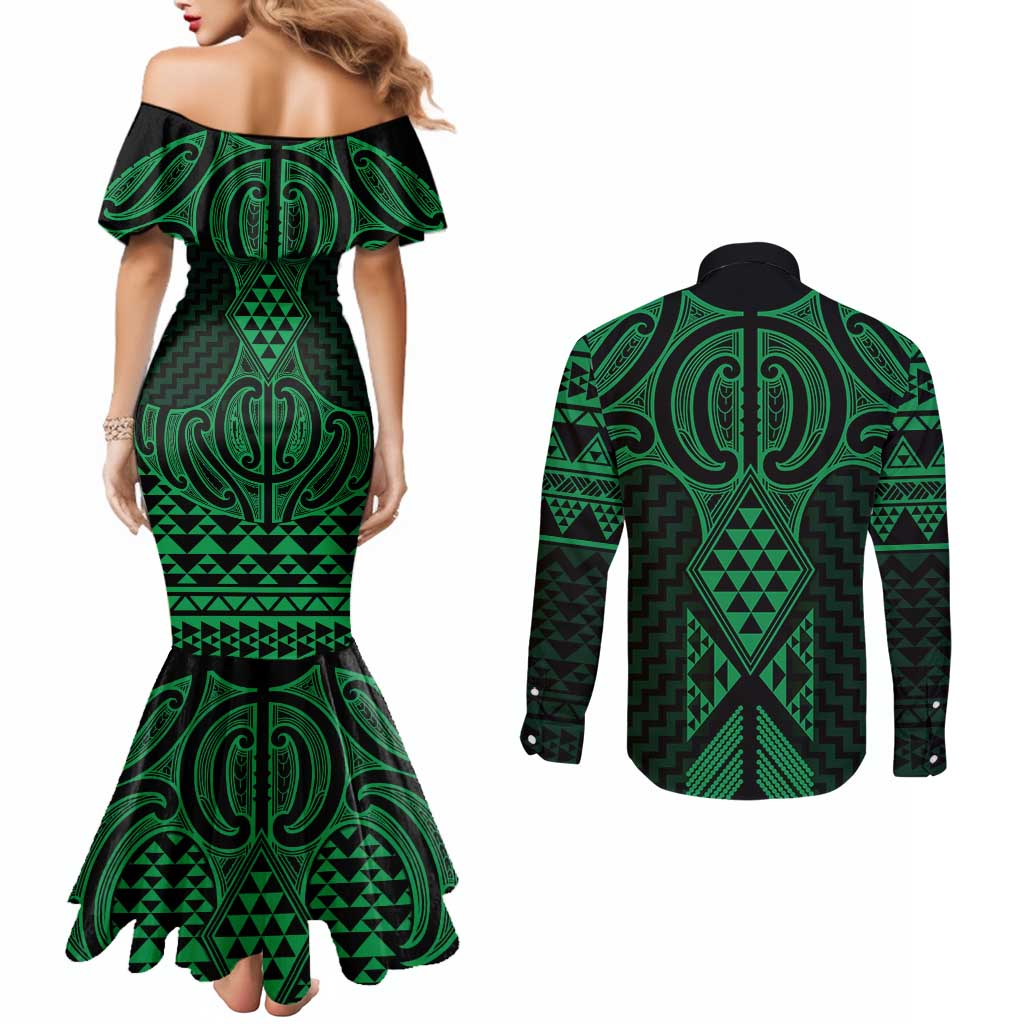 Kakariki Maori Ta Moko Poutama Art Couples Matching Mermaid Dress and Long Sleeve Button Shirt