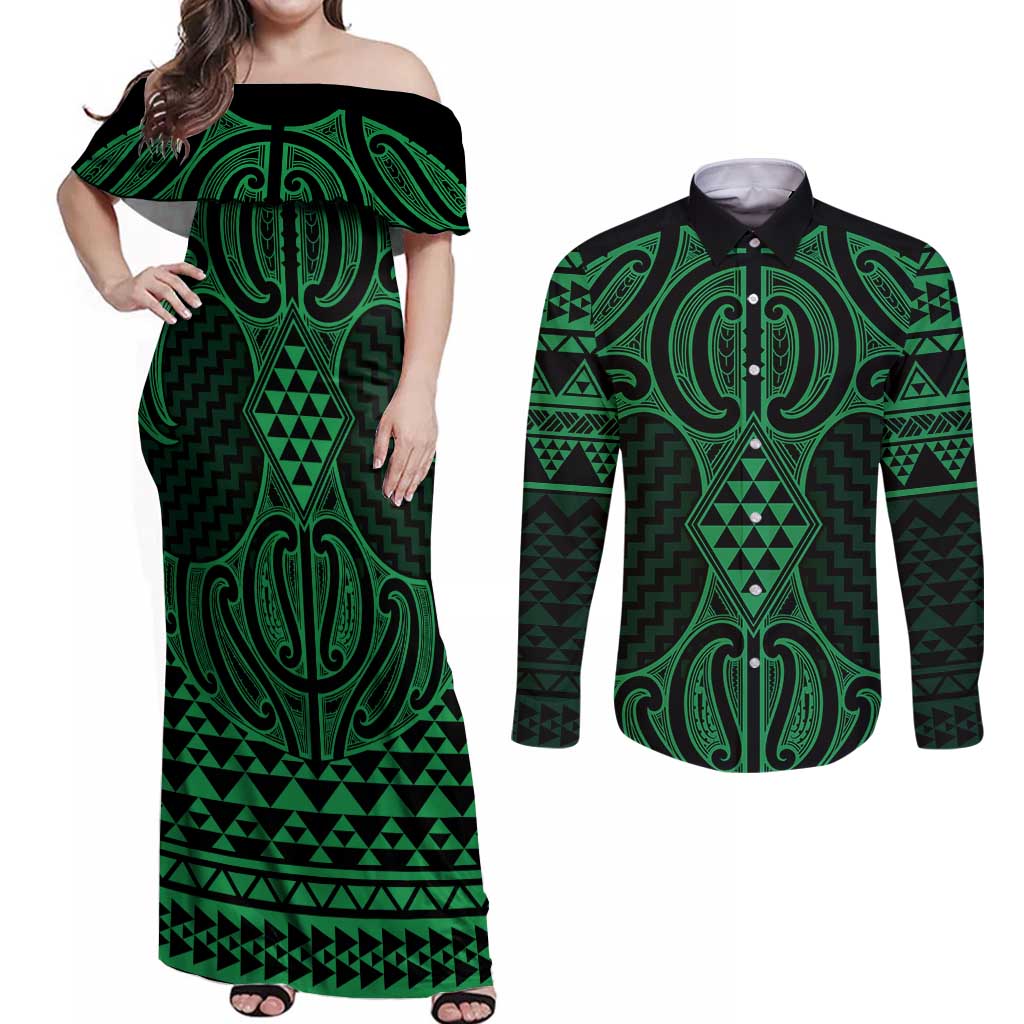 Kakariki Maori Ta Moko Poutama Art Couples Matching Off Shoulder Maxi Dress and Long Sleeve Button Shirt