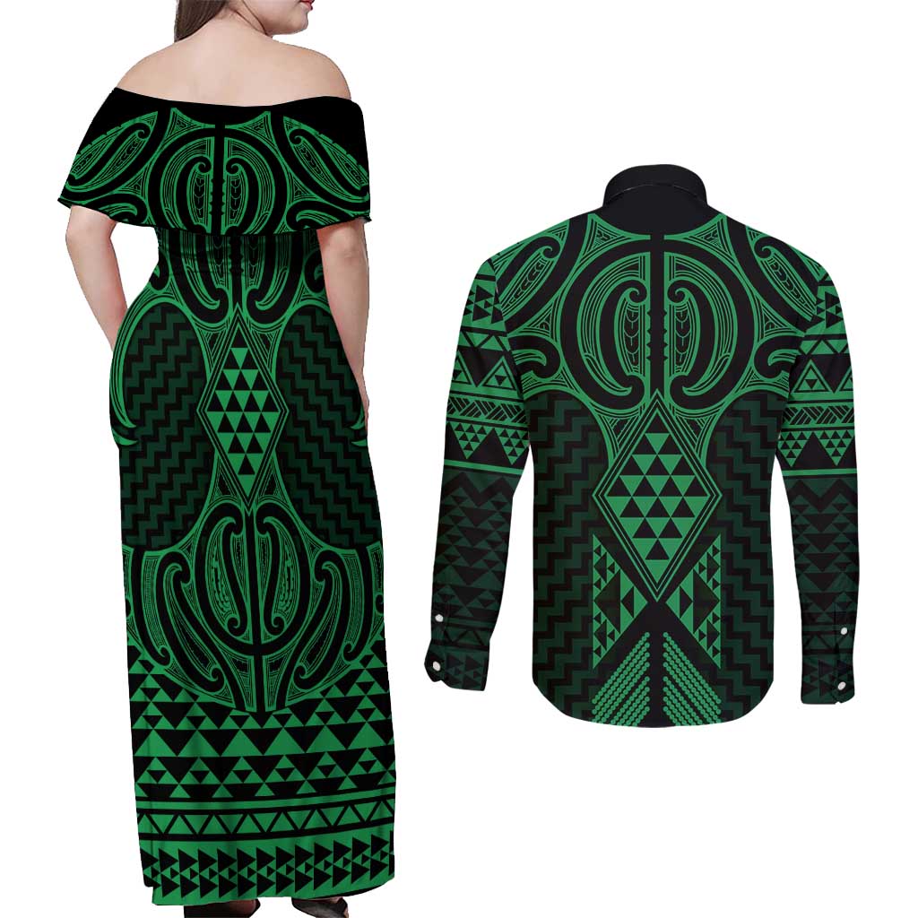 Kakariki Maori Ta Moko Poutama Art Couples Matching Off Shoulder Maxi Dress and Long Sleeve Button Shirt