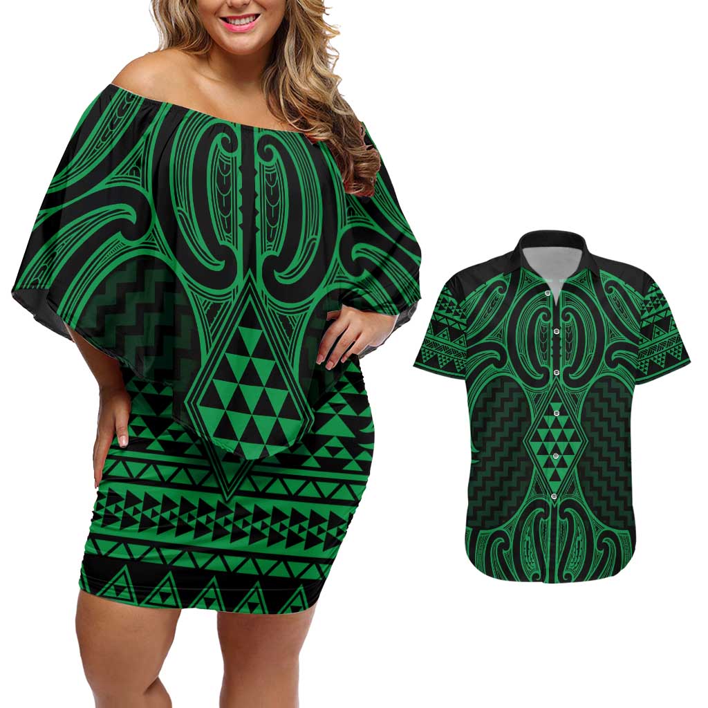 Kakariki Maori Ta Moko Poutama Art Couples Matching Off Shoulder Short Dress and Hawaiian Shirt