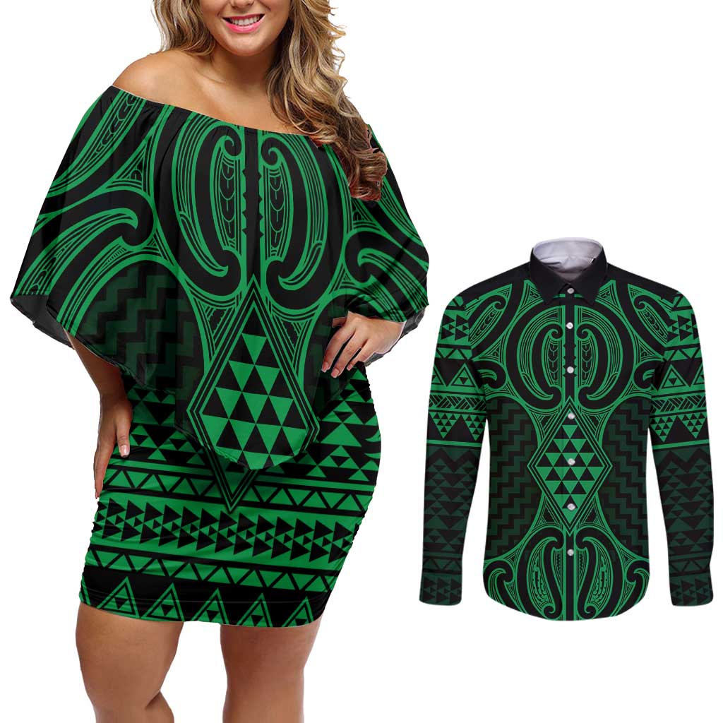 Kakariki Maori Ta Moko Poutama Art Couples Matching Off Shoulder Short Dress and Long Sleeve Button Shirt