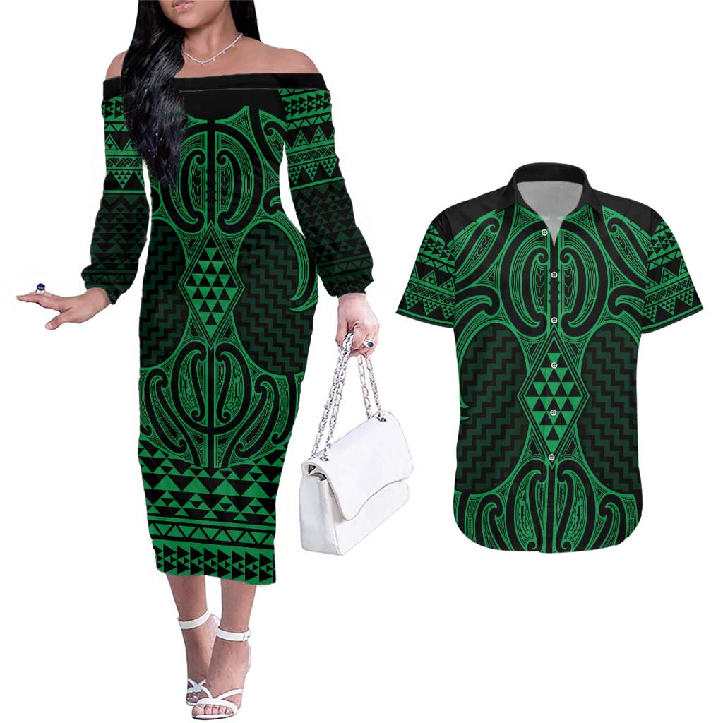 Kakariki Maori Ta Moko Poutama Art Couples Matching Off The Shoulder Long Sleeve Dress and Hawaiian Shirt