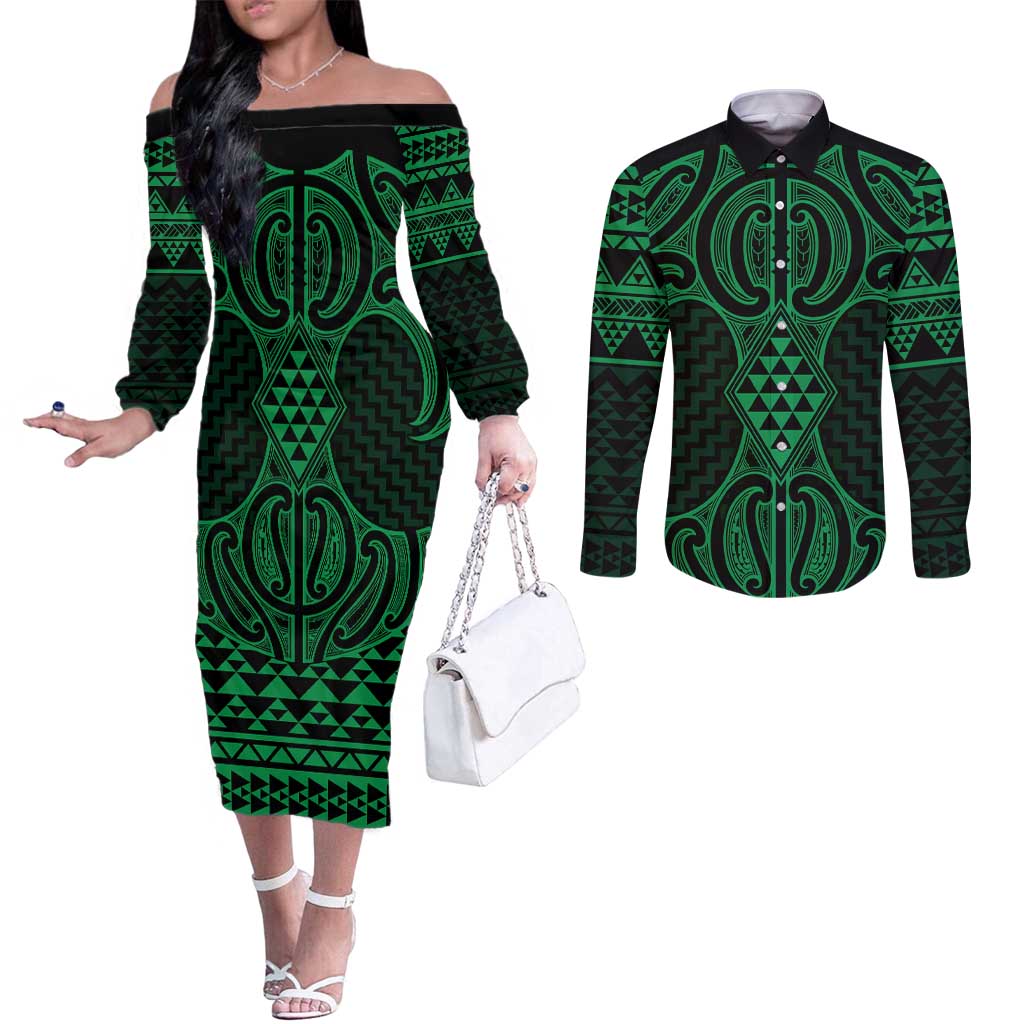 Kakariki Maori Ta Moko Poutama Art Couples Matching Off The Shoulder Long Sleeve Dress and Long Sleeve Button Shirt