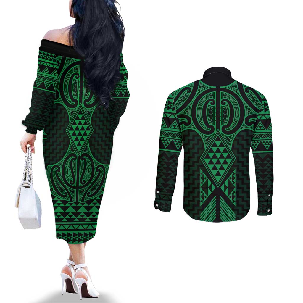 Kakariki Maori Ta Moko Poutama Art Couples Matching Off The Shoulder Long Sleeve Dress and Long Sleeve Button Shirt