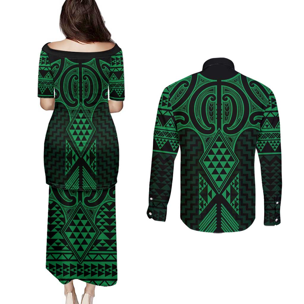 Kakariki Maori Ta Moko Poutama Art Couples Matching Puletasi and Long Sleeve Button Shirt