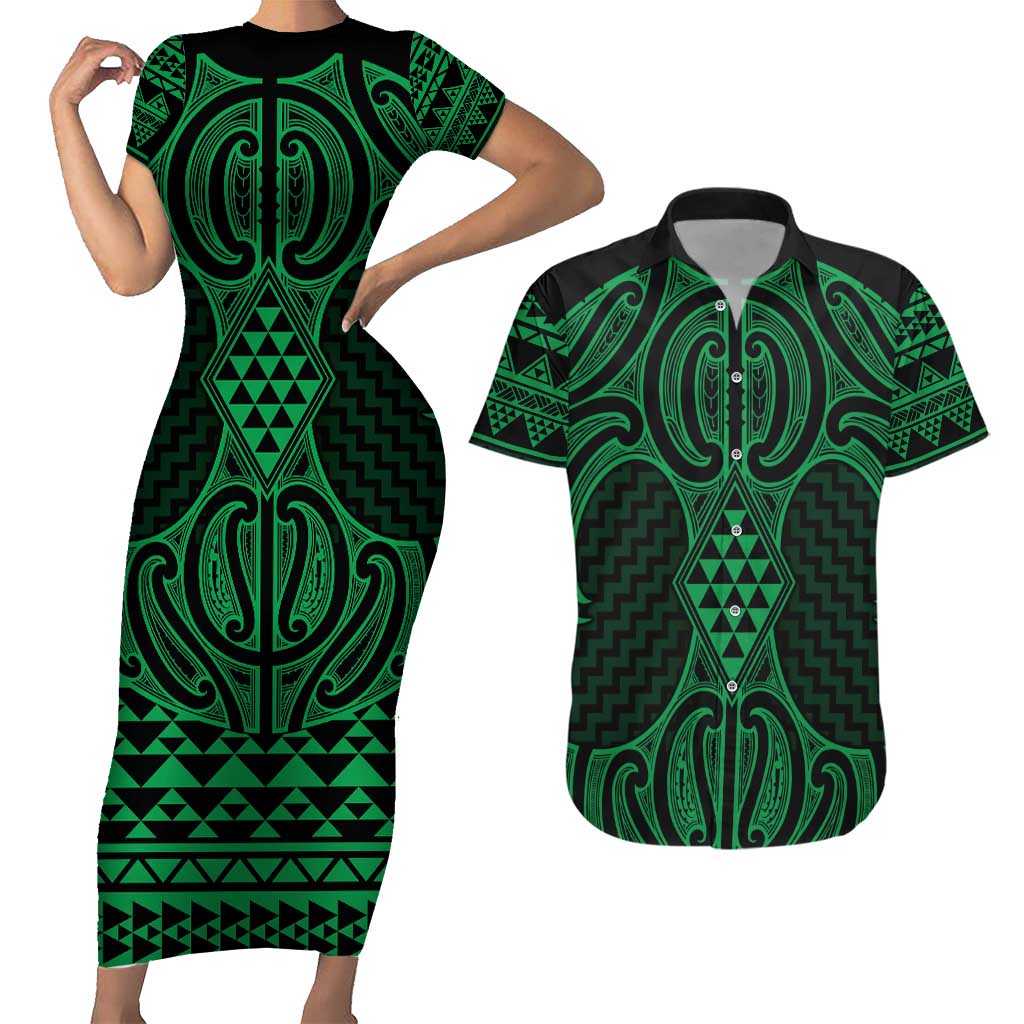 Kakariki Maori Ta Moko Poutama Art Couples Matching Short Sleeve Bodycon Dress and Hawaiian Shirt