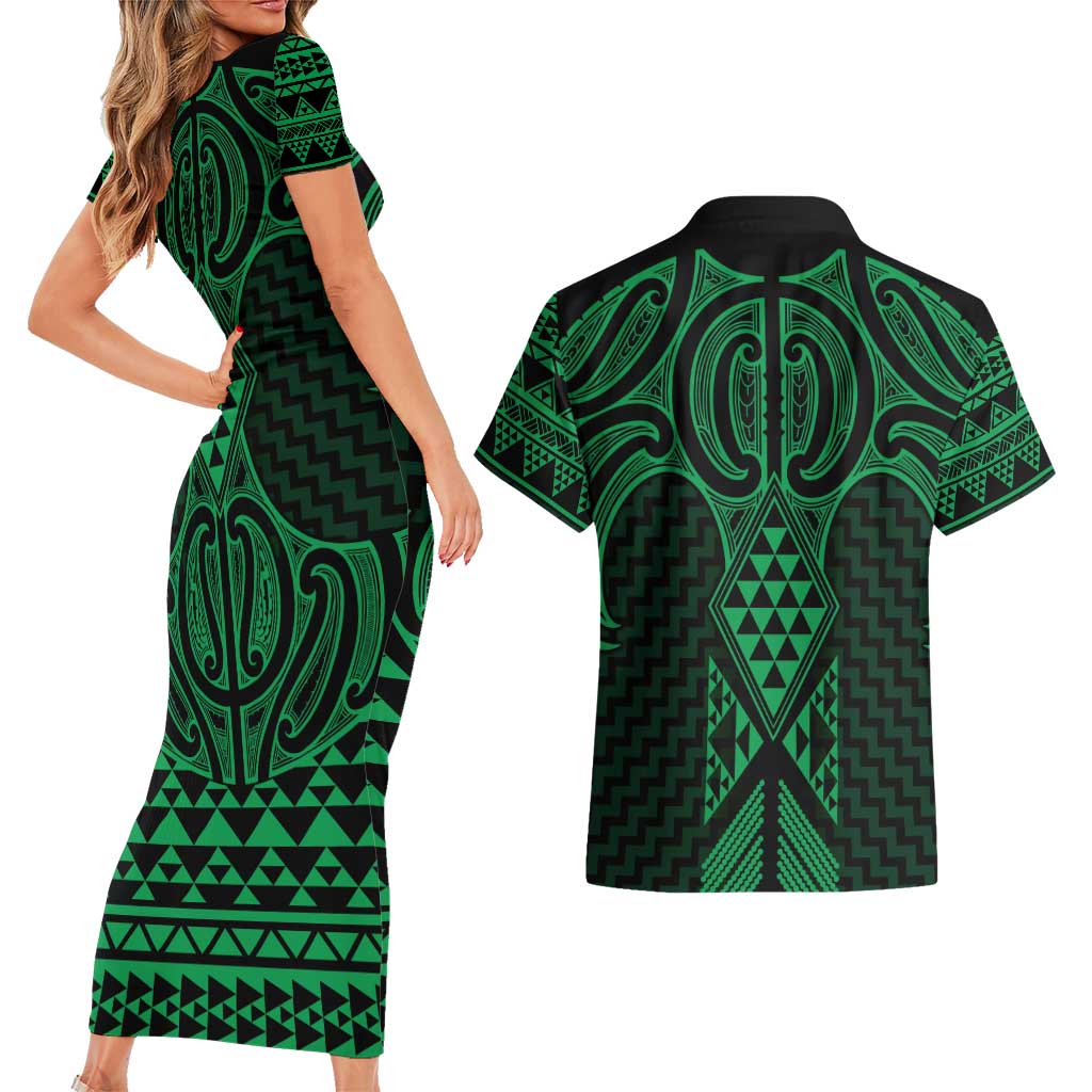 Kakariki Maori Ta Moko Poutama Art Couples Matching Short Sleeve Bodycon Dress and Hawaiian Shirt