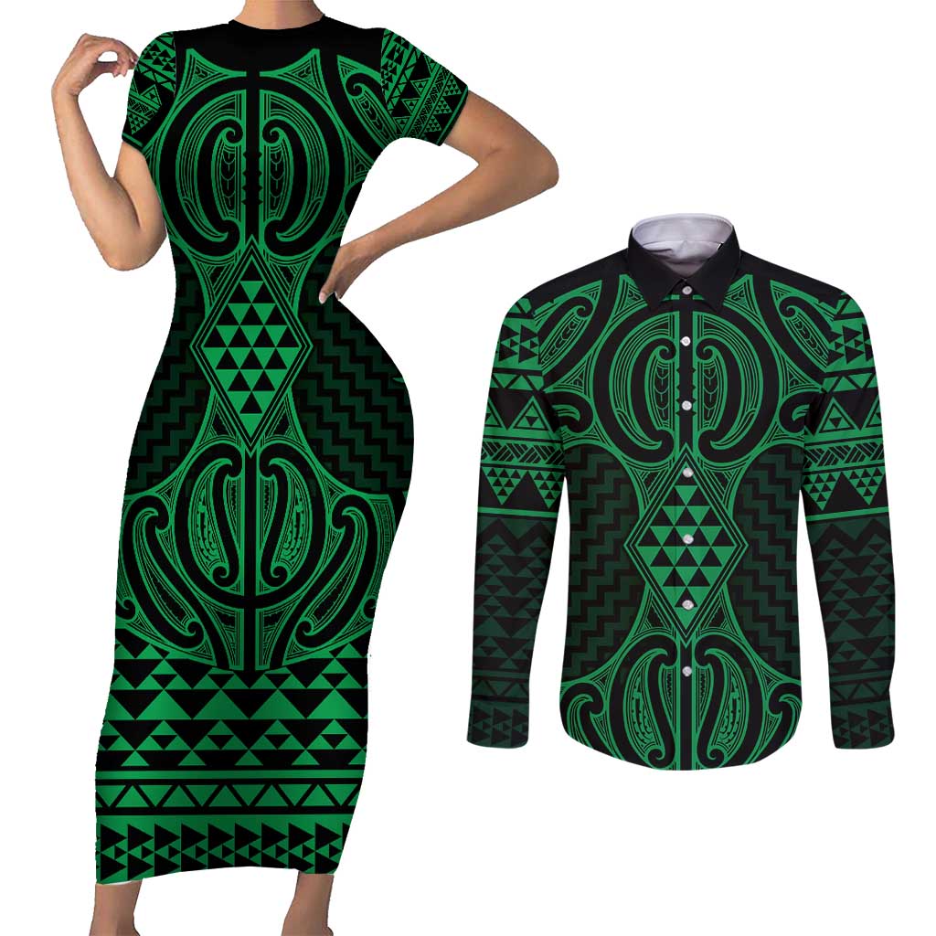 Kakariki Maori Ta Moko Poutama Art Couples Matching Short Sleeve Bodycon Dress and Long Sleeve Button Shirt